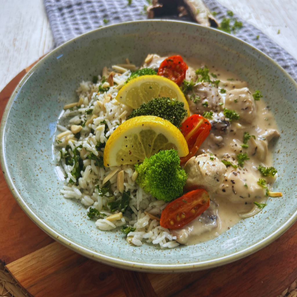 Chicken and White Wine Casserole with Kale and Almond Pilaf