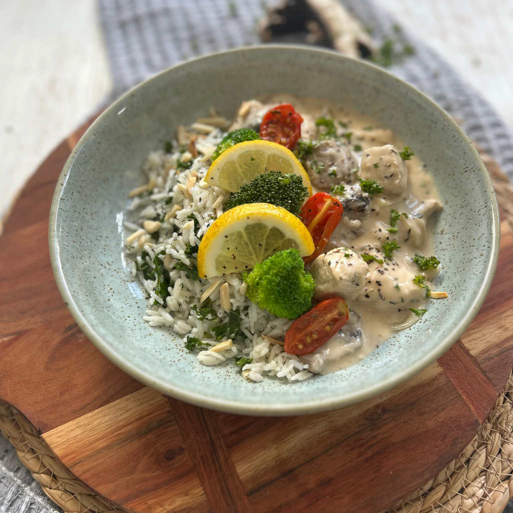 Chicken and White Wine Casserole with Kale and Almond Pilaf