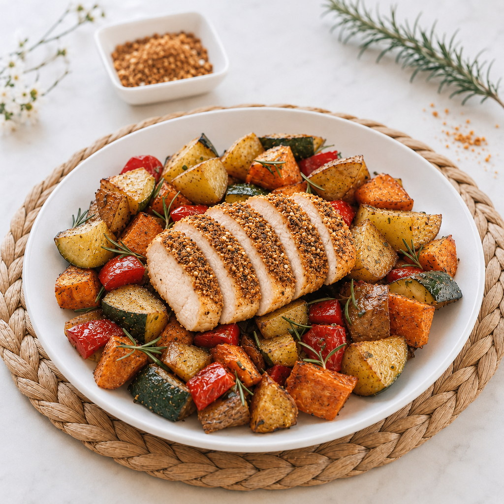 Dukkah Crusted Roast Chicken and Root Vegetables