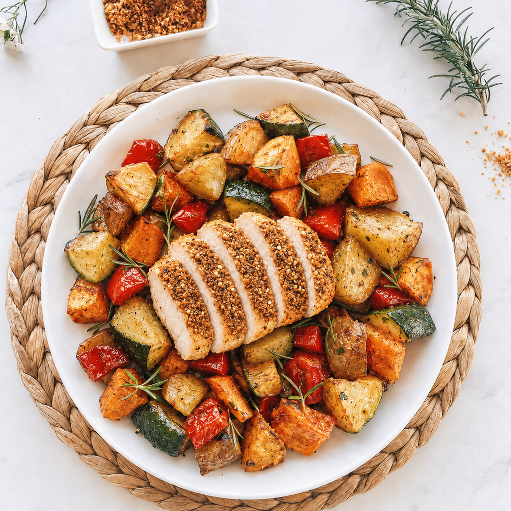 Dukkah Crusted Roast Chicken and Root Vegetables