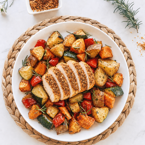 Dukkah Crusted Roast Chicken and Root Vegetables