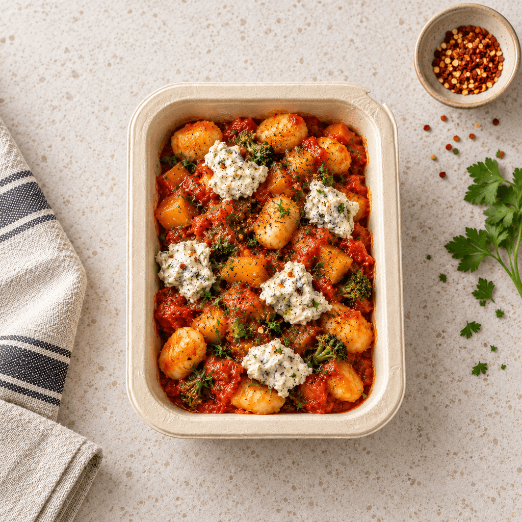 Gnocchi with Arabiatta Sauce and Vegan Blue Cheese