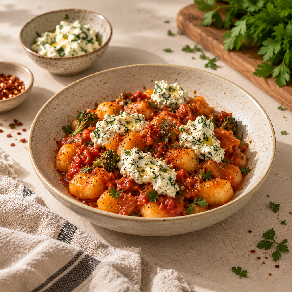 Gnocchi with Arabiatta Sauce and Vegan Blue Cheese