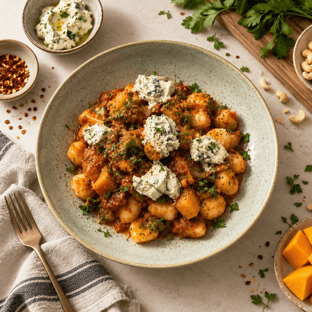 Gnocchi with Arabiatta Sauce and Vegan Blue Cheese