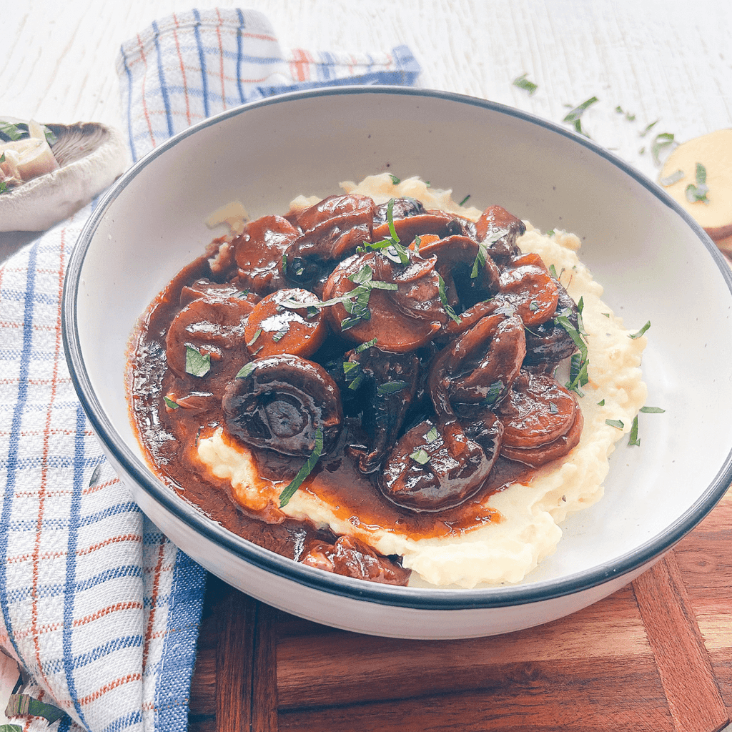 Mushroom Bourguignon on Garlicky Mash