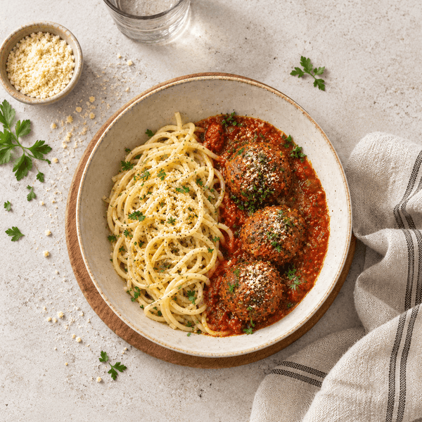 Mushroom Meatballs , Rich Tomato Ragu & Spaghetti