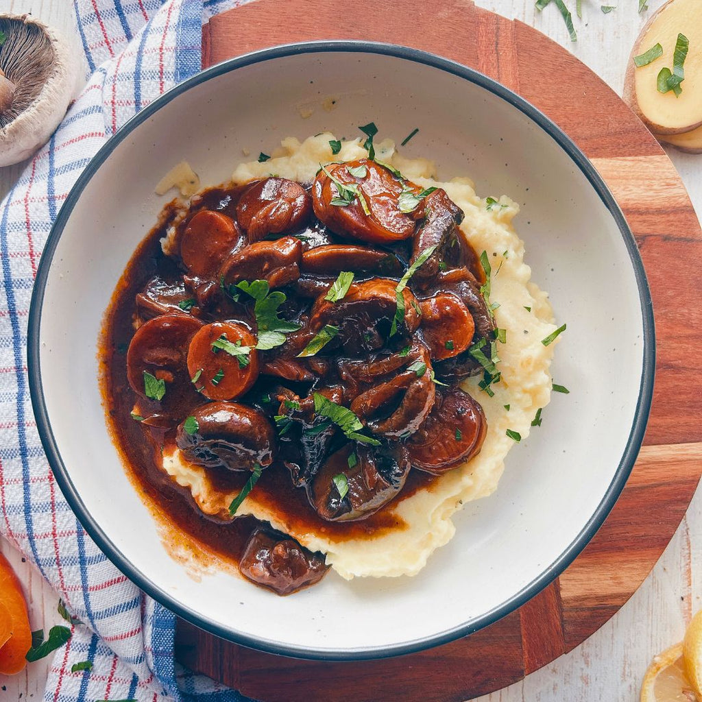 Mushroom Bourguignon on Garlicky Mash