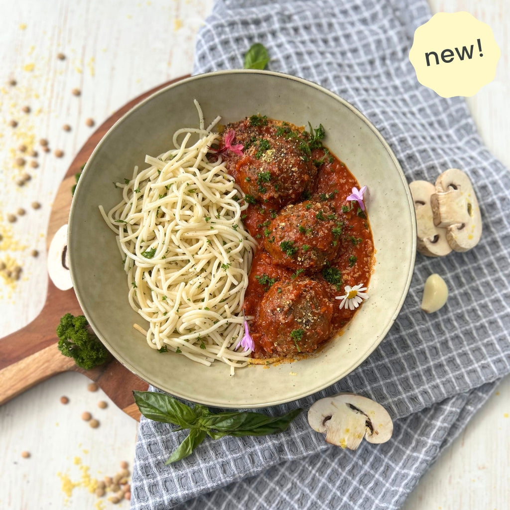 Mushroom Meatballs , Rich Tomato Ragu & Spaghetti