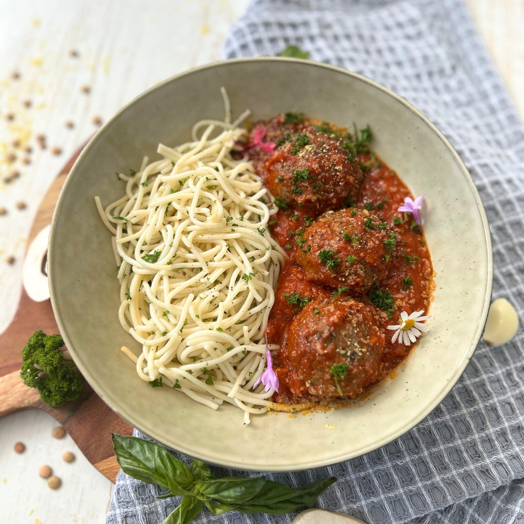 Mushroom Meatballs , Rich Tomato Ragu & Spaghetti