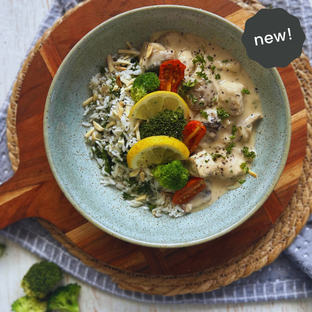 Chicken and White Wine Casserole with Kale and Almond Pilaf