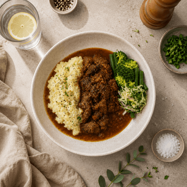 Peppered Steak Mash and Greens