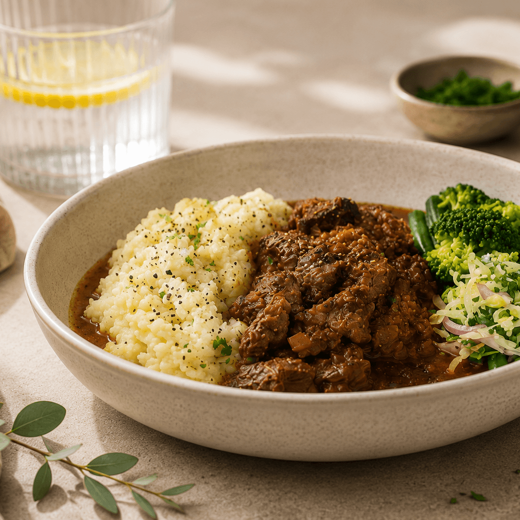Peppered Steak Mash and Greens