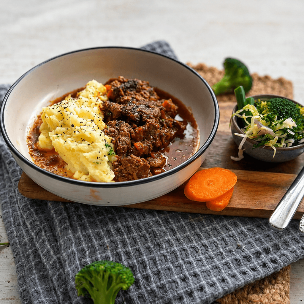 Peppered Steak Mash and Greens