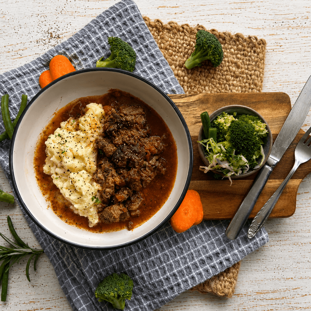 Peppered Steak Mash and Greens