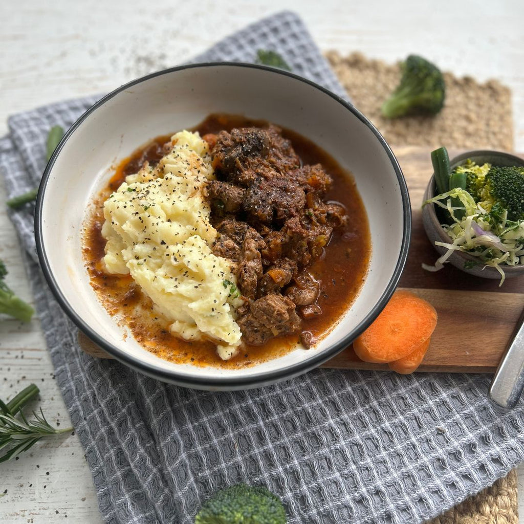 Peppered Steak Mash and Greens