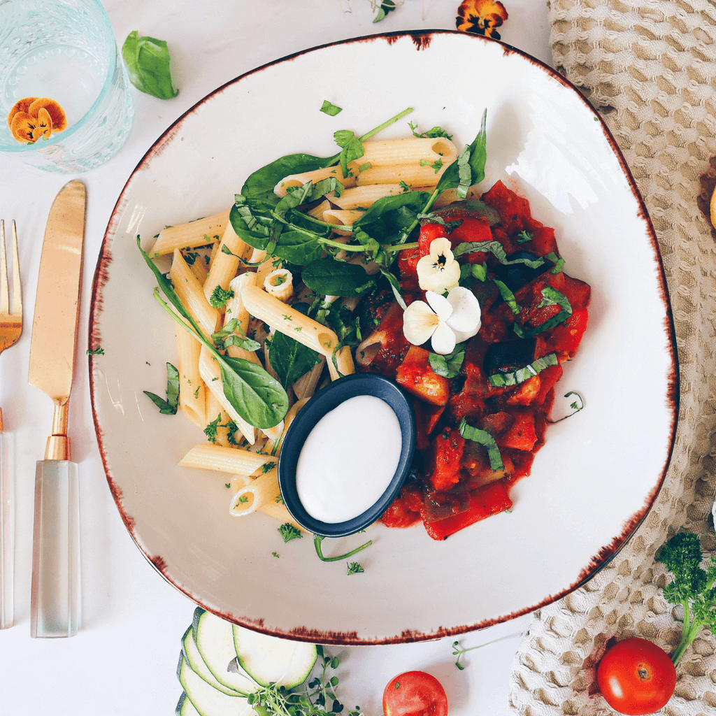 Slow Cooked Ratatouille Pasta, Vegan Fetta