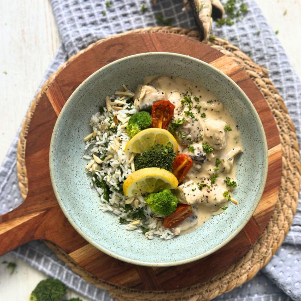 Tuscan Chicken and White Wine Casserole with Kale and Almond Pilaf