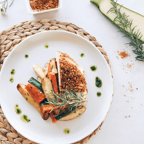 Dukkah Crusted Roast Chicken and Root Vegetables