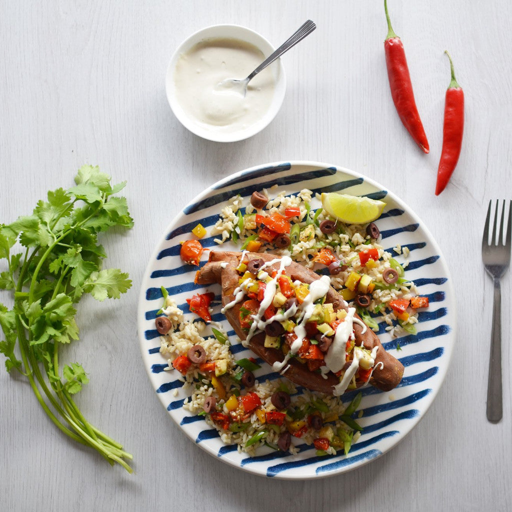 Stuffed Sweet Potato, Spicy Black beans and Cherry Tomato Salsa