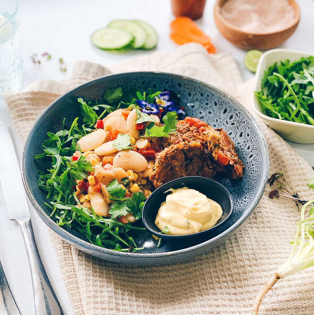 Carrot Fritters with Butterbean Succotash