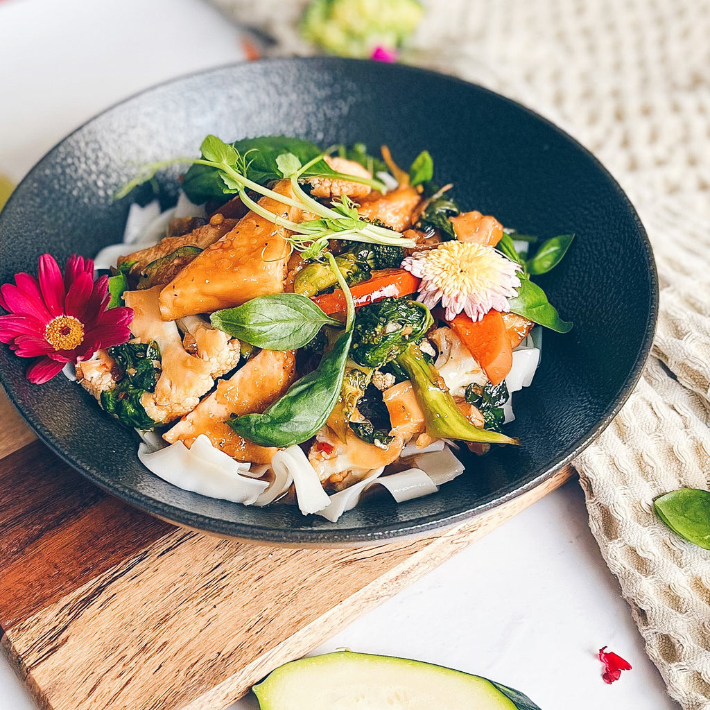 Thai Chilli Basil Tofu on Noodles